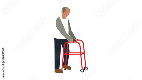 An elderly person with graying hair is using a red walker with wheels to assist with mobility, depicted in a simplified illustration against a white background.