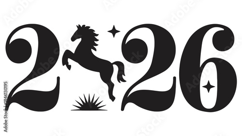 The year 2026 is represented with stylized numbers and a silhouette of a rearing horse, stars, and a rising sun.