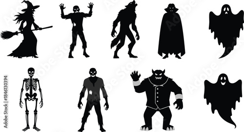 Halloween monsters silhouette set with witch, zombie, werewolf, vampire, skeleton, ghost, creature, scary characters for horror, spooky holiday designs
