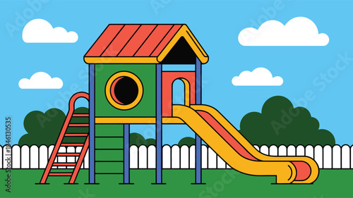 Colorful playground structure with a slide and ladder on a bright sunny day illustration