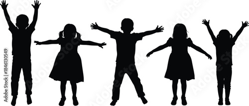 Happy children silhouettes with raised arms, joyful kids posing together, playful childhood illustration, energetic group of children, fun expressive poses