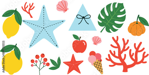 Cute summer tropical elements set with starfish lemons coral leaves fruits and ice cream flat vector