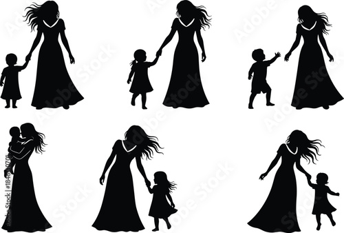 Mother and child silhouettes holding hands, loving parent moments, maternal care illustration, family bond concept, caring mom with daughter and son figures