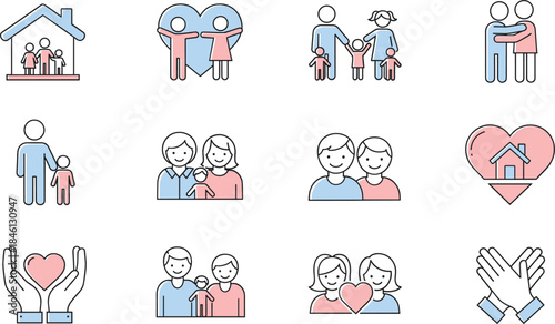 Family love and care icons set showing parents, children, home, protection, relationship, charity, and togetherness concepts