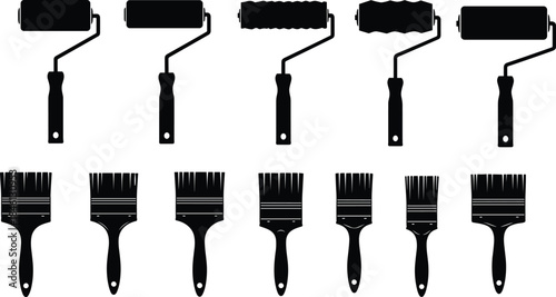 Paint rollers and brushes silhouettes collection, painting tool icons set, home renovation equipment illustration for construction, DIY projects, decor and graphic design use