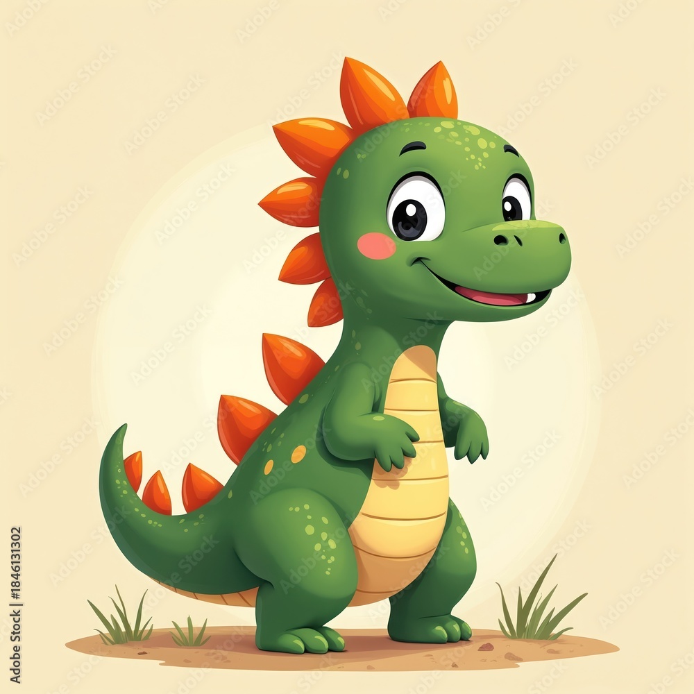 Fototapeta premium Cute cartoon green dinosaur with orange spikes stands on light brown ground with grass. Happy creature smiles, has big eyes and spots. Friendly character illustration for kids.