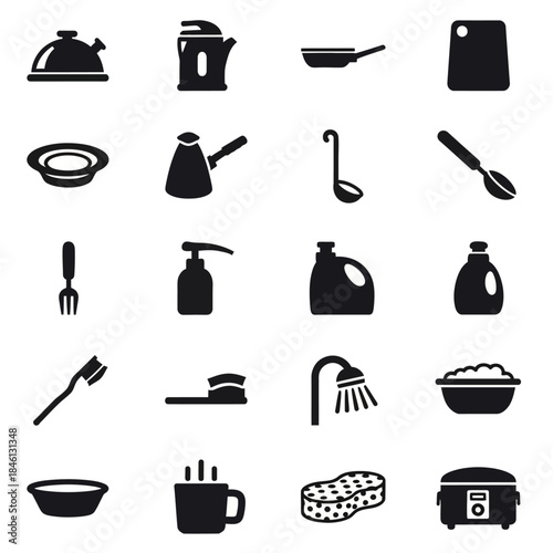 A collection of black silhouette icons representing various household items including kitchenware, cleaning supplies, and bathroom essentials.