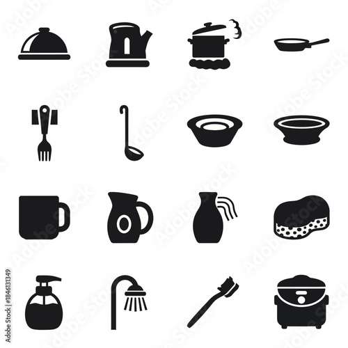 A comprehensive set of black silhouette icons illustrating various kitchenware, cooking utensils, cleaning supplies, and bathroom essentials.
