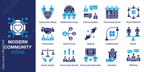 Modern Community Icon set. Containing connection, neighborhood, citizens, lifestyle, inclusive, diversity and more. Solid vector icons collection. Vector illustration.