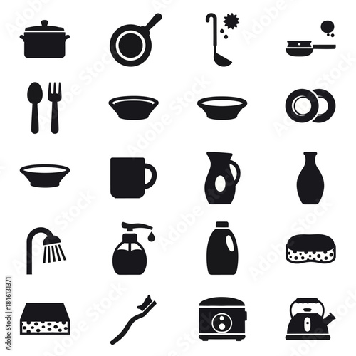 A collection of black silhouette icons depicting various kitchenware, dishware, cleaning supplies, and household appliances on a white background.