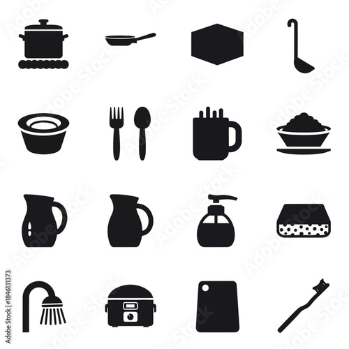 A collection of black silhouette icons depicting various kitchenware, household items, and personal care products arranged in a grid.