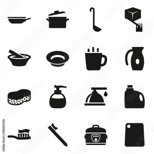 A collection of various kitchenware, cleaning supplies, and personal hygiene items, including pots, pans, mugs, sponges, and toothbrushes.