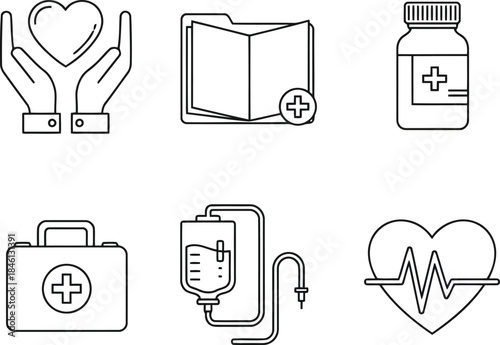 Healthcare and medical line icons set: heart health, patient records, pharmacy, first aid, iv infusion, cardiology