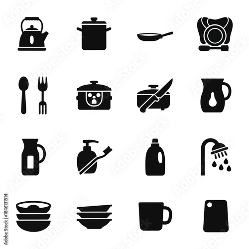 A collection of black silhouette icons depicting various kitchenware, household items, and bathroom essentials.