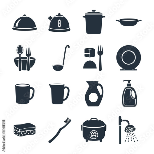 Collection of black silhouette icons representing various kitchenware, household items, and bathroom essentials.