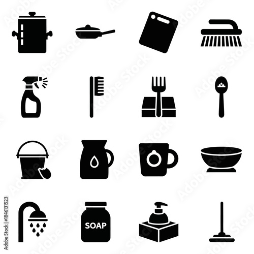 A collection of black silhouette icons representing various household items, kitchenware, and cleaning supplies.