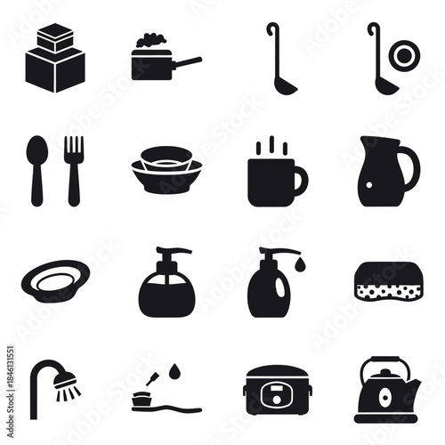 A collection of black silhouette icons representing various kitchen and bathroom household items.