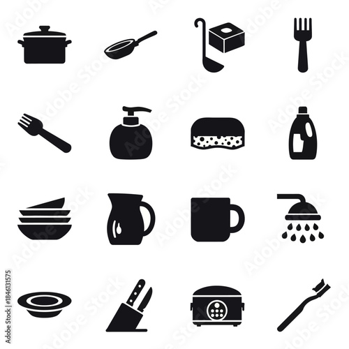 A collection of black silhouette icons representing various kitchenware, cleaning supplies, and personal hygiene items.