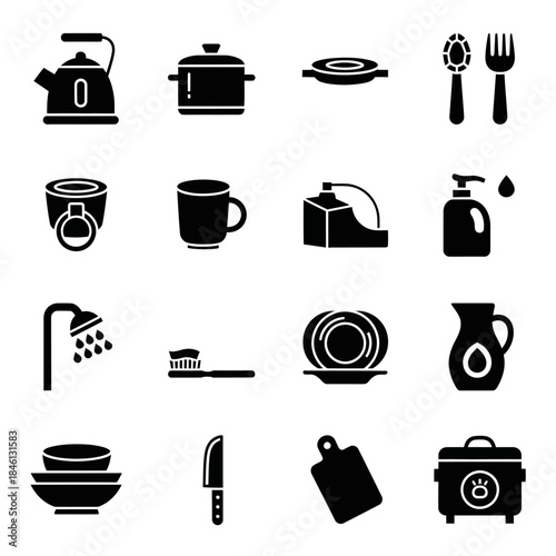 Black silhouette icons of various household items, kitchenware, and personal hygiene products on a white background.