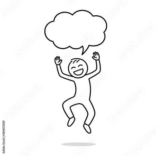Stickman character expressing overjoyed emotion while jumping, featuring empty thought bubble. Ideal for idea, inspiration, happiness, and emotional concepts.