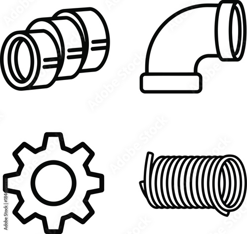 Industrial mechanical engineering icons: gear, pipes, elbow, spring line art set