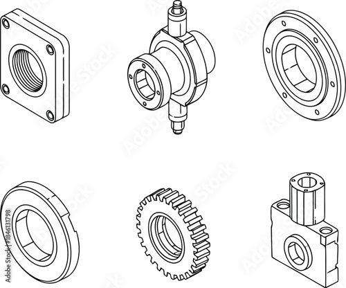 Isometric technical drawings of machine parts: gears, flanges, couplings, industrial engineering components