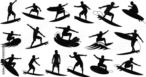 Surfer silhouettes riding waves, dynamic surfing poses collection, extreme water sport illustration, ocean adventure design elements for summer, beach lifestyle graphics