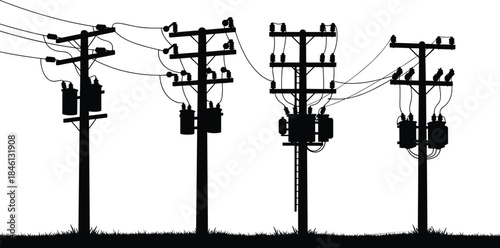 Silhouette of utility poles with transformers, crossarms, and power lines, black and white vector for electricity distribution infrastructure illustration