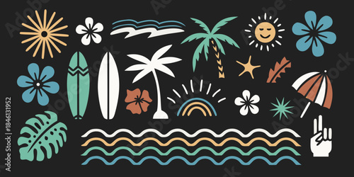 Tropical summer elements flowers waves surfboards and a sunny illustration