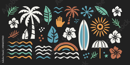 Tropical elements palm leaves flowers surfboard and rainbow illustration