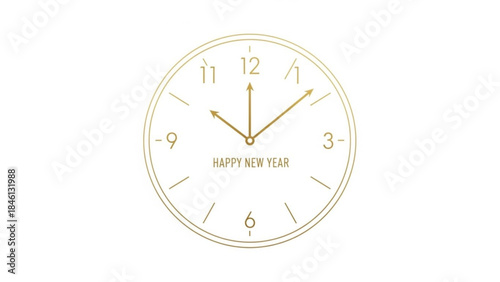 Golden clock striking midnight with happy new year message on white background, celebrating start of new year