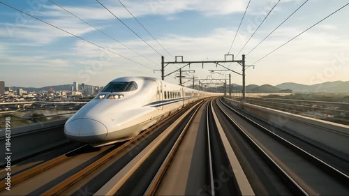 High-Speed Bullet Train Traveling on Elevated Tracks During Sunset in Urban Setting