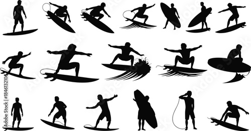 Surfer silhouettes riding waves, surfing poses, surfboard actions, ocean sports figures, beach lifestyle athletes, extreme water sport graphic elements
