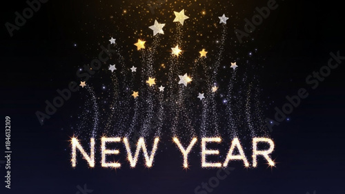 Sparkling white stars and fireworks exploding in the night sky with a shining new year text