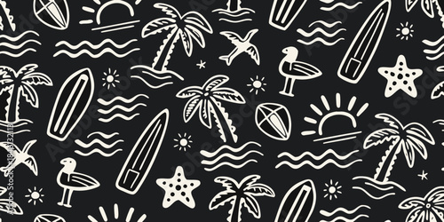 Black and white summer pattern with tropical elements and beach doodles
