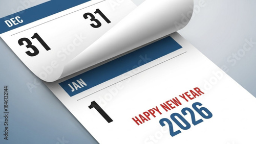 New year celebration calendar page turning from december 31 to january 1 2026