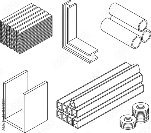Industrial metal profiles set: steel beams, tubes, channels, and sheets outline