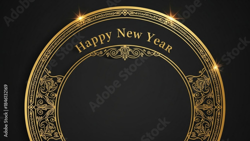 Golden happy new year text on a black background with elegant circular decorative frame and sparkles