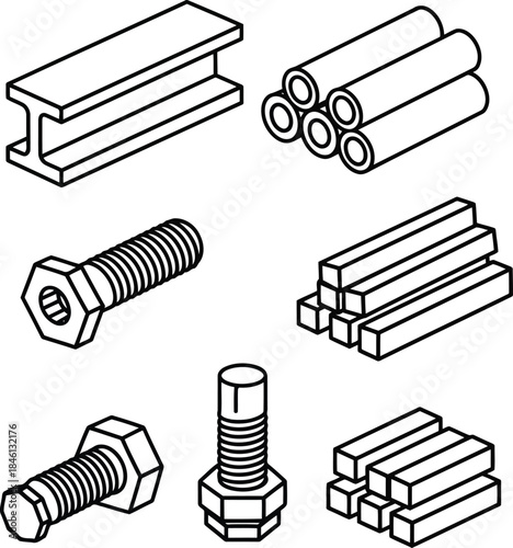 Industrial construction steel materials vector icon set: i beam, pipes, bars, bolts