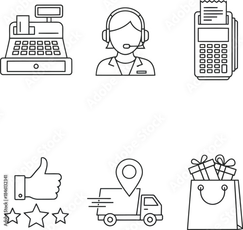 Retail & e commerce line icons: sales, support, payment, delivery & customer service set