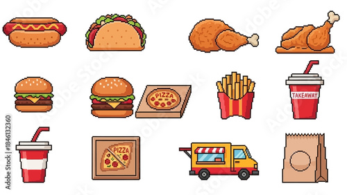 Vibrant Pixel Art Fast Food Collection Retro Game-Inspired Icons of Delicious Burgers, Pizzas, Hot Dogs, Fries, and More, Perfect for Digital Design Assets and User Interface Elements