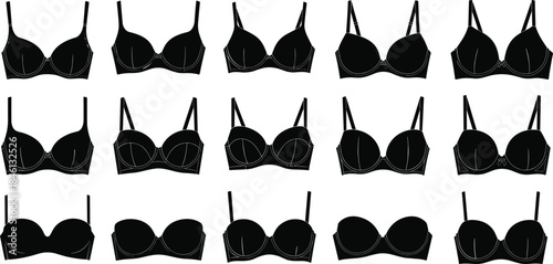 Women bra silhouettes collection, lingerie top icons set, fashion underwear illustration, stylish bra designs for apparel branding, clothing and boutique use