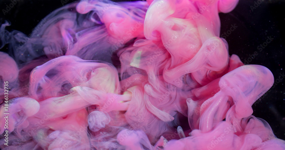 Fototapeta premium Cloud blend. Ink fluid. Blur pink purple yellow color fume sparkling wave swirling texture spreading on abstract dark black background.