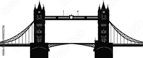 Tower Bridge, London, silhouette, landmark, architecture, iconic, structure, black, vector, illustration, historical, famous, tourist, spire, walkway, bascule, bridge, skyline, detailed, design
