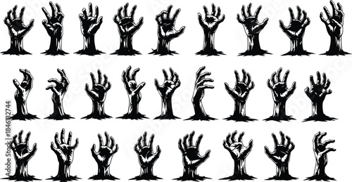 Zombie hands rising from ground silhouettes, horror undead illustration set, spooky Halloween creature artwork, creepy scary hands collection for horror design projects
