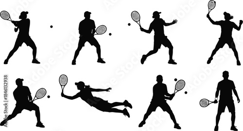 Tennis, player, silhouette, action, racket, ball, swing, forehand, backhand, jump, lunge, dive, motion, sport, dynamic, athletic, pose, serve, hit, white background**