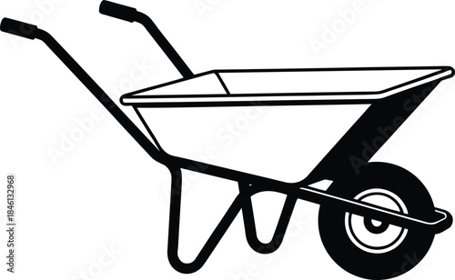 Wheelbarrow, black, white, illustration, garden, tool, construction, landscaping, transport, single, wheel, handles, container, heavy, load, farming, equipment, outline, isolated, vector