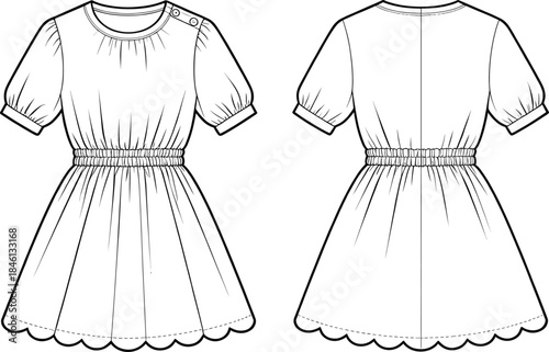Technical fashion sketch, short sleeve dress, front and back view, puff sleeve design, scalloped hem, garment construction illustration