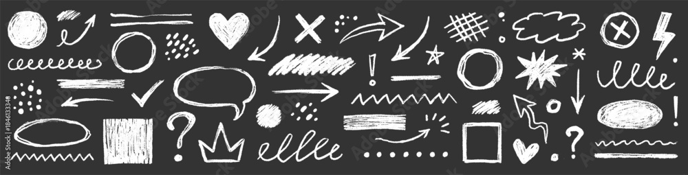 Fototapeta premium Hand drawn chalk doodles elements on blackboard texture arrows, question marks, question set. Highlight, circle frame, cloud sketch brush texture marker stroke. Vector illustration