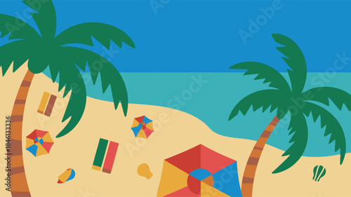 Overhead view of a colorful sandy beach with palm trees and vacation accessories illustration